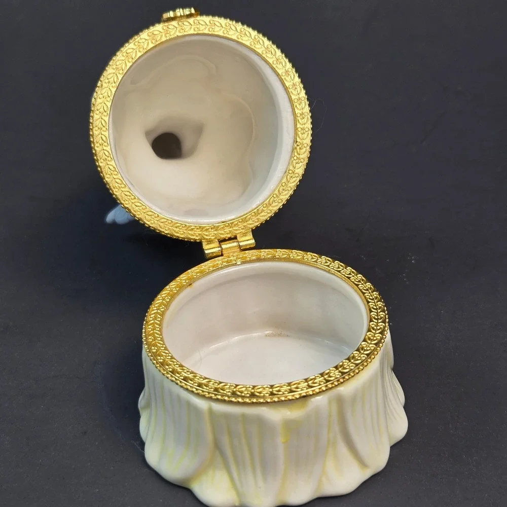 Vintage Porcelain Fairy Hinged Trinket Box Pastel Angel Figurine Gold Tone Clasp